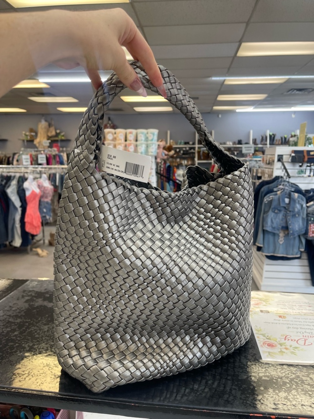 Metallic Silver Woven Hobo Shoulder Bag